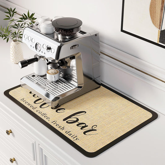 DK177 Coffee Mat - Dish Drying Mat for Kitchen Counter, Hide Stain, Absorbent with Waterproof Rubber Backing, Fit Kitchen Dish Rack Bar Accessories (Coffee Bar, 24" x 16")