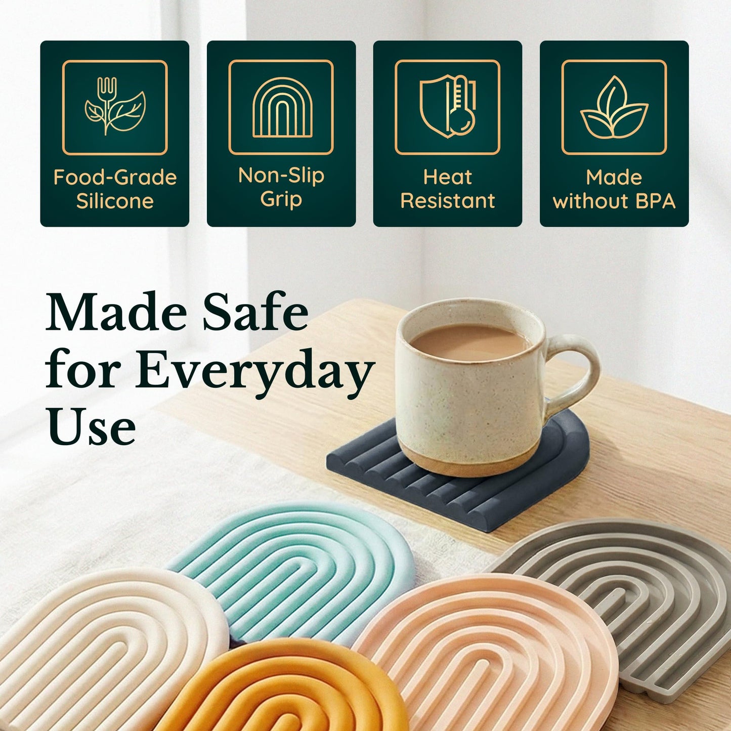 Silicone Trivets for Hot Dishes, Heat-Resistant, Non-Slip Pot Holders for Kitchen & Coasters Durable Hot Pads for Pots, Pans, Baking Dishes & Kitchen Appliances Set of 2 Graphite Noir