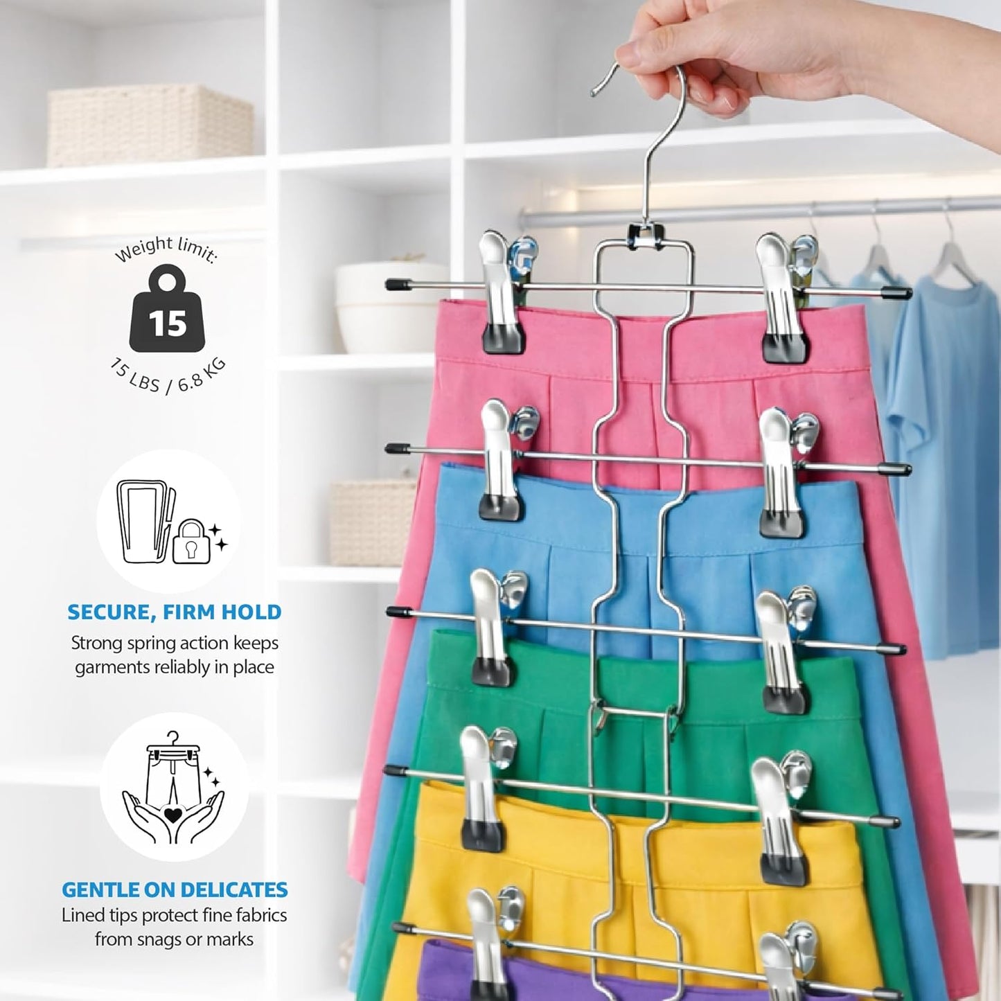 ZOBER 3-Pack 6-Tier Skirt Hangers with Clips - Space-Saving Closet Organizer for Women’s Jeans & Skirts