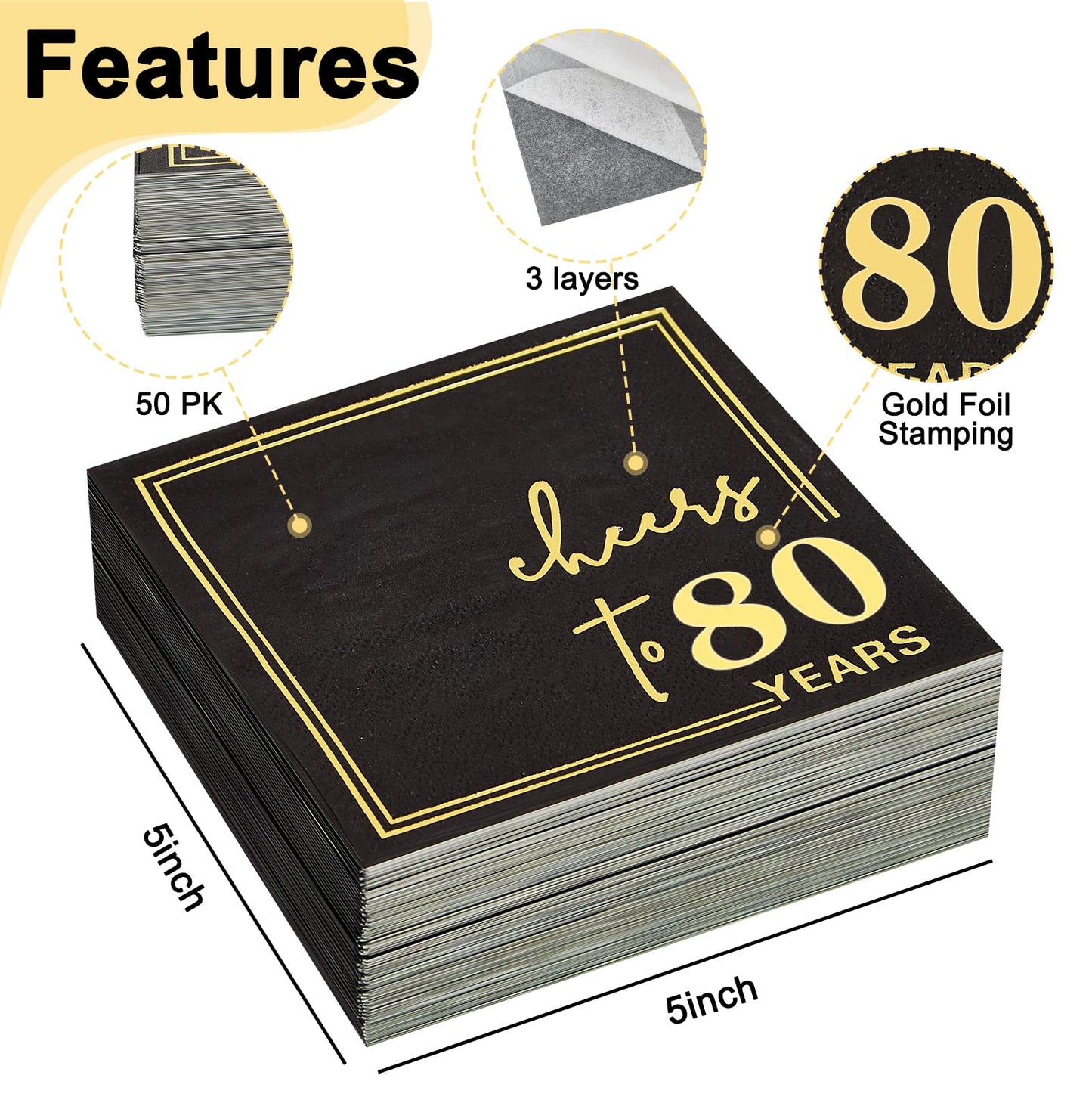 50 Count Black and Gold 80th Birthday Cocktail Napkins 5x5 Inch - Cheers to 80 Years 3-Ply Disposable Party Napkins for Anniversary, Wedding - Elegant Foil Accent Indoor Outdoor Celebrations