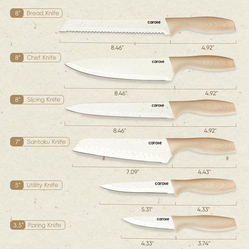 CAROTE 12PCS Knife set with Blade Guards,Granite Nonstick Ceramic Coating,Stainless Steel blade, Anti-Slip Handle, Essential Knives, Rustproof, White