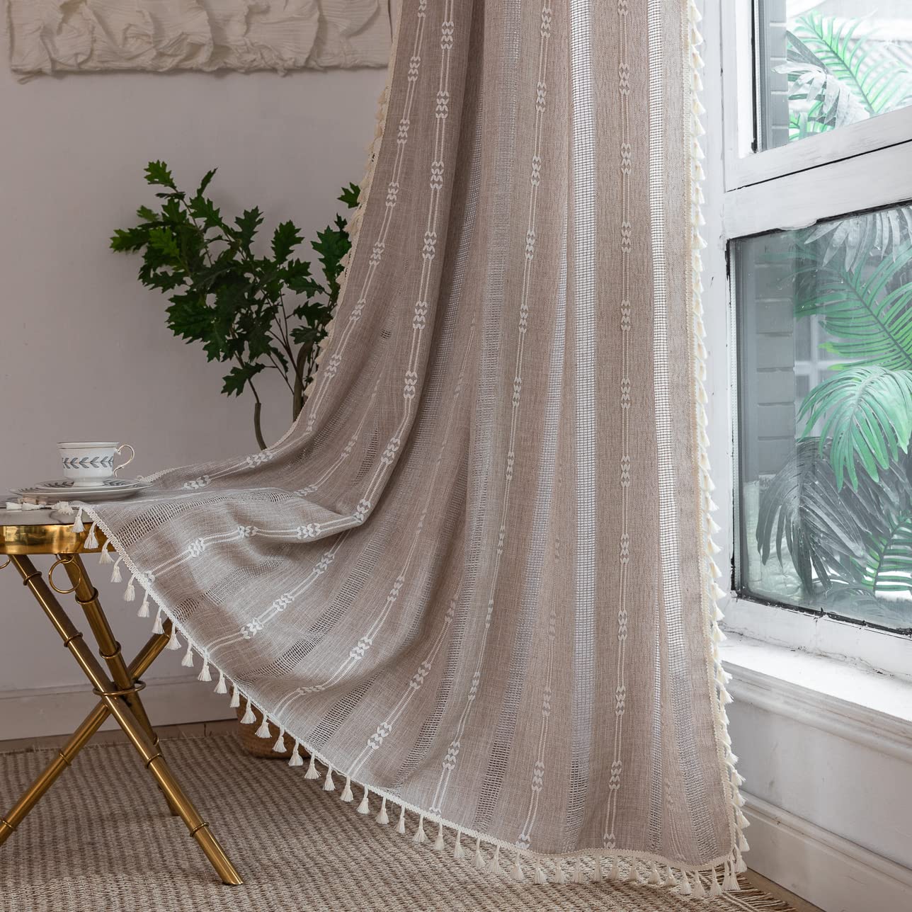 Linen Curtains 108 Inches Long for Living Room 2 Panels Set, Embroidery Farmhouse Tassel Boho for Bedroom Light Filtering Window Rod Pocket Drapes (52" W x 108" L, Khaki)