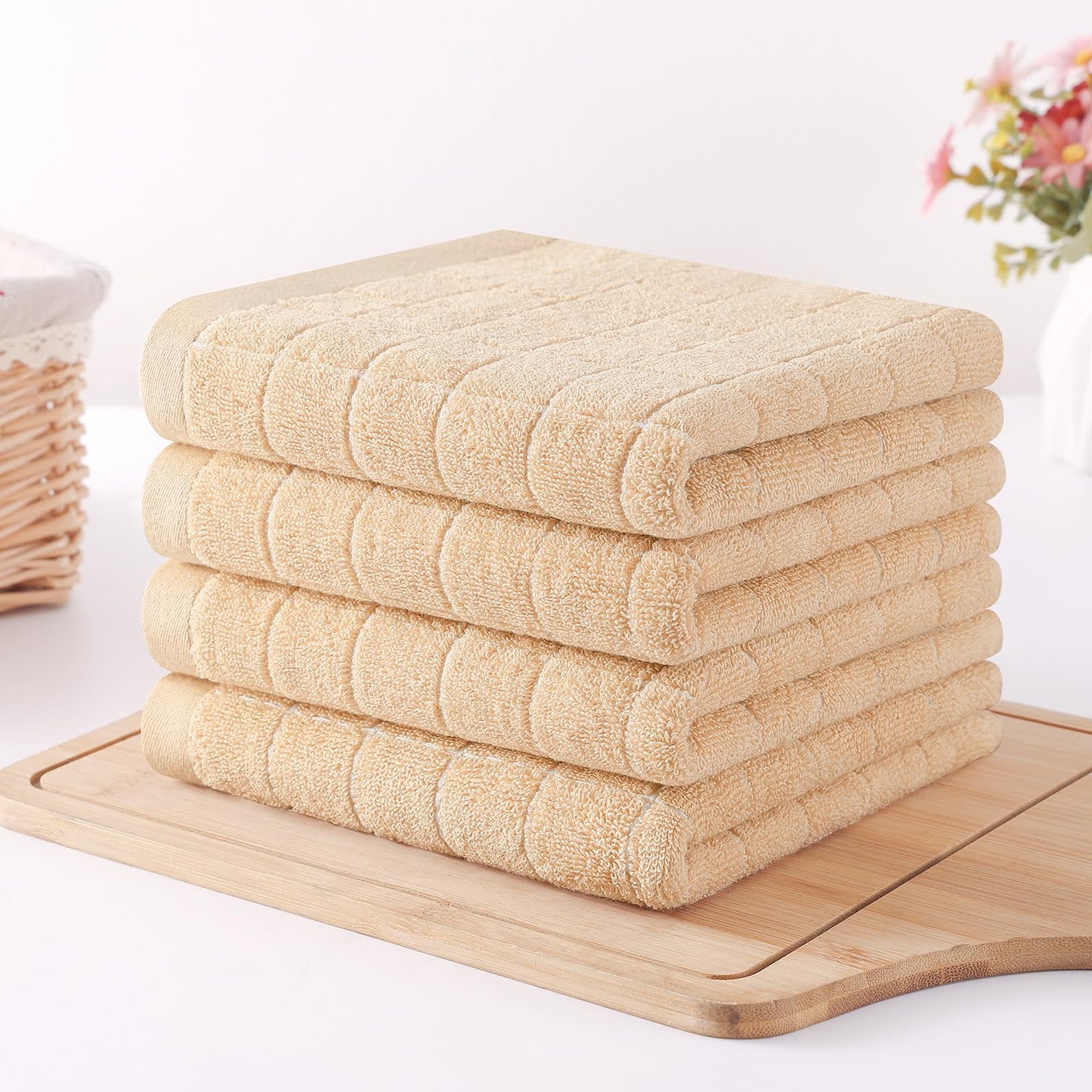 Homaxy 100% Cotton Terry Kitchen Towels(Apricot, 13 x 28 inches), Checkered Designed, Soft and Super Absorbent Dish Towels, 6 Pack