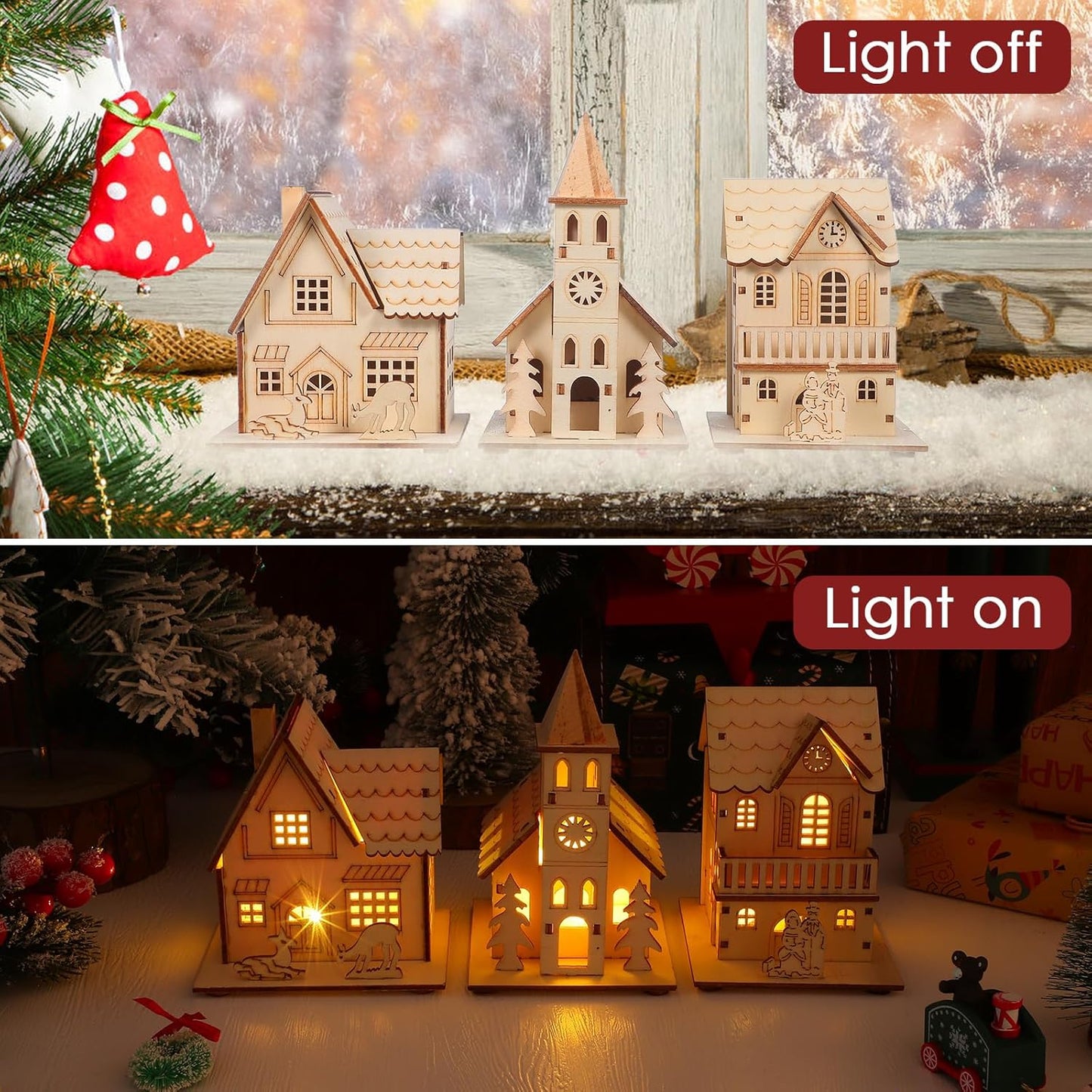 Rustic Christmas Village Houses by [Brand Name] - LED Light Wooden Decor for Holiday Centerpieces | 3 Pcs Set