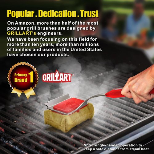 GRILLART Grill Brush - Bristle-Free BBQ Cleaner with Replaceable Head | Safe for Cast Iron & Stainless Steel Grates - Red