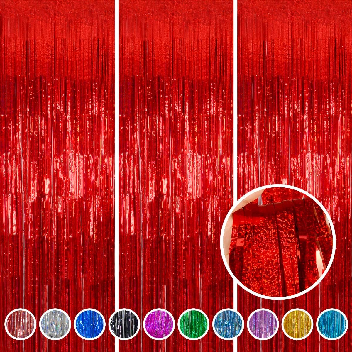 Red Foil Fringe Curtain | 3 Pack 3.2 x 8.2 Ft Shiny Tinsel Backdrop for Party Decor & Photo Booth