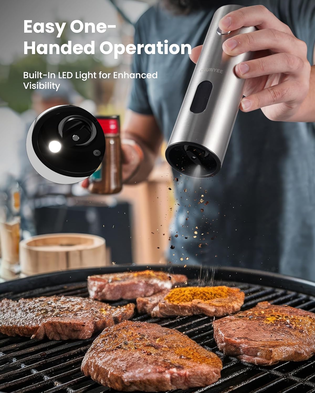 Skiennix Electric Salt and Pepper Grinder Set - Rechargeable, Large Capacity, LED Light & Adjustable Coarseness for Kitchen & BBQ