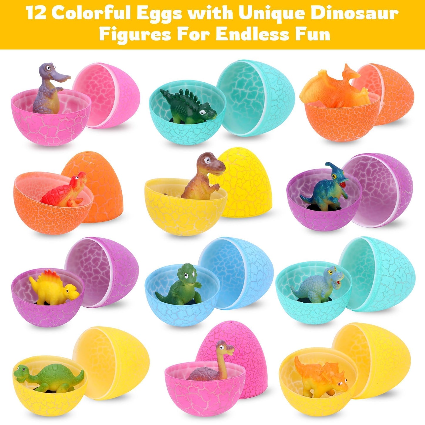 Kiddelo 12 Pack Prefilled Easter Eggs With Toys, Dinosaur Easter Basket Egg Hunt Stuffers, Pre Filled Easter Eggs Fillers for Kids Gifts Party Favors, Goodie Bag Stuffer, Pinata Filler, Easter Prizes