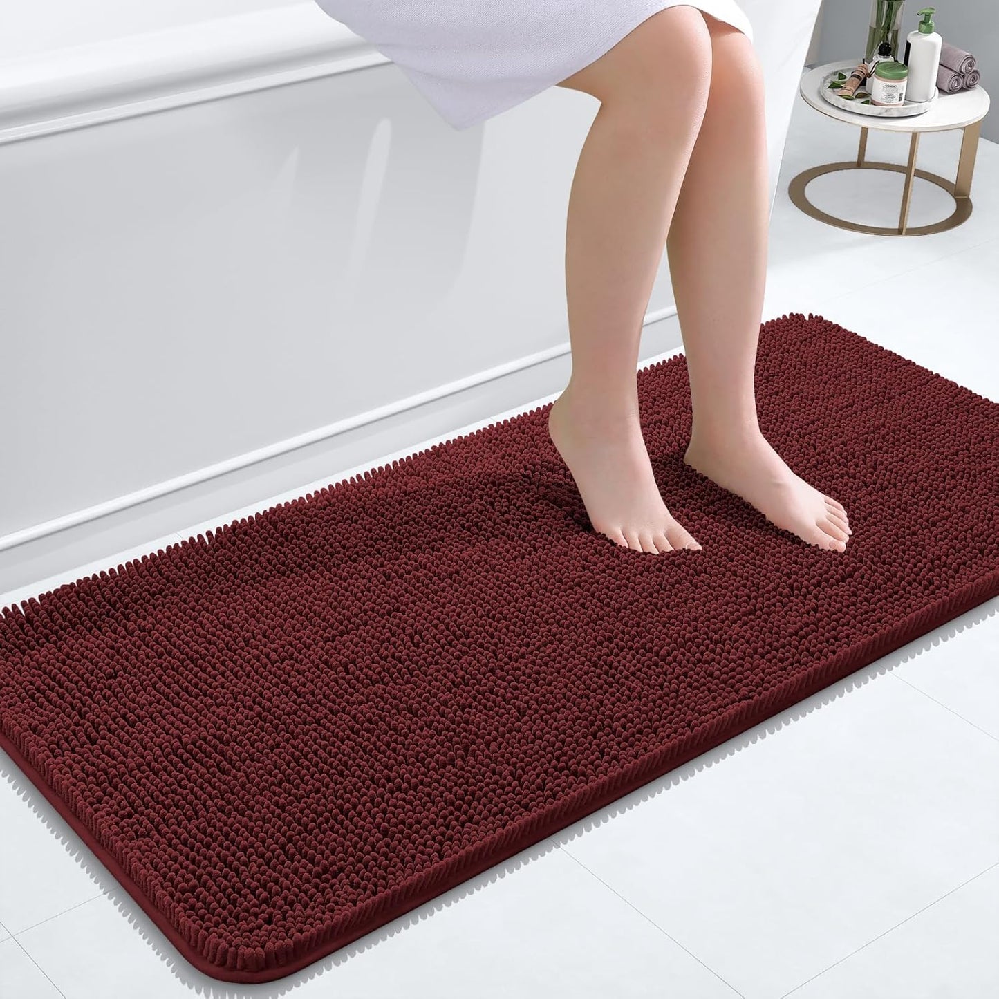 OLANLY Bathroom Runner Rugs - Soft Absorbent Chenille Bath Mats | Quick-Dry Rubber Backing, 47x20, Andorra Red-Brown