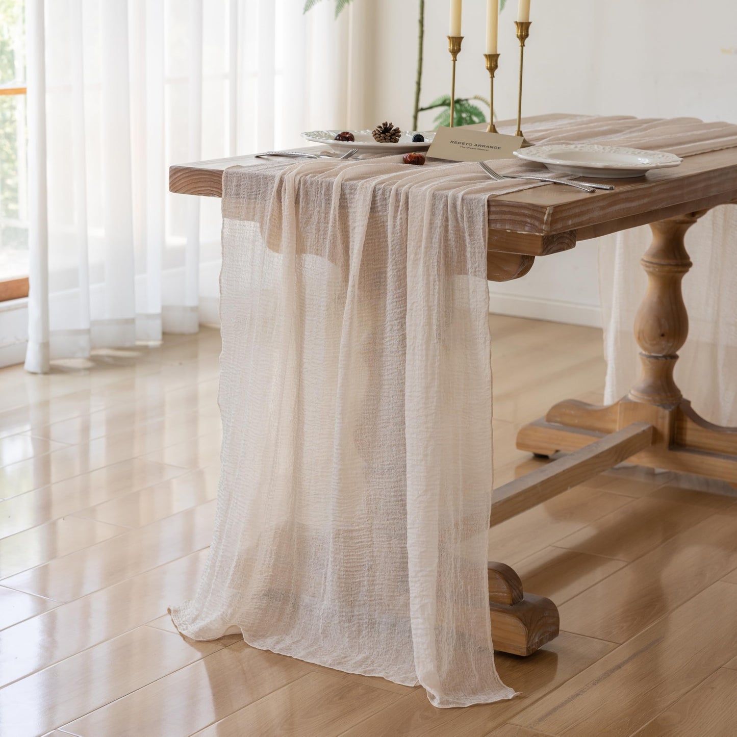 Keketoarrange 3pcs Beige Cheesecloth Table Runner Gauze Rustic 120 Inch 10 FT for Wedding Baby Shower Bridal Shower Birthday Engagement Garden Party Long Sheer Boho Spring Home Decorations