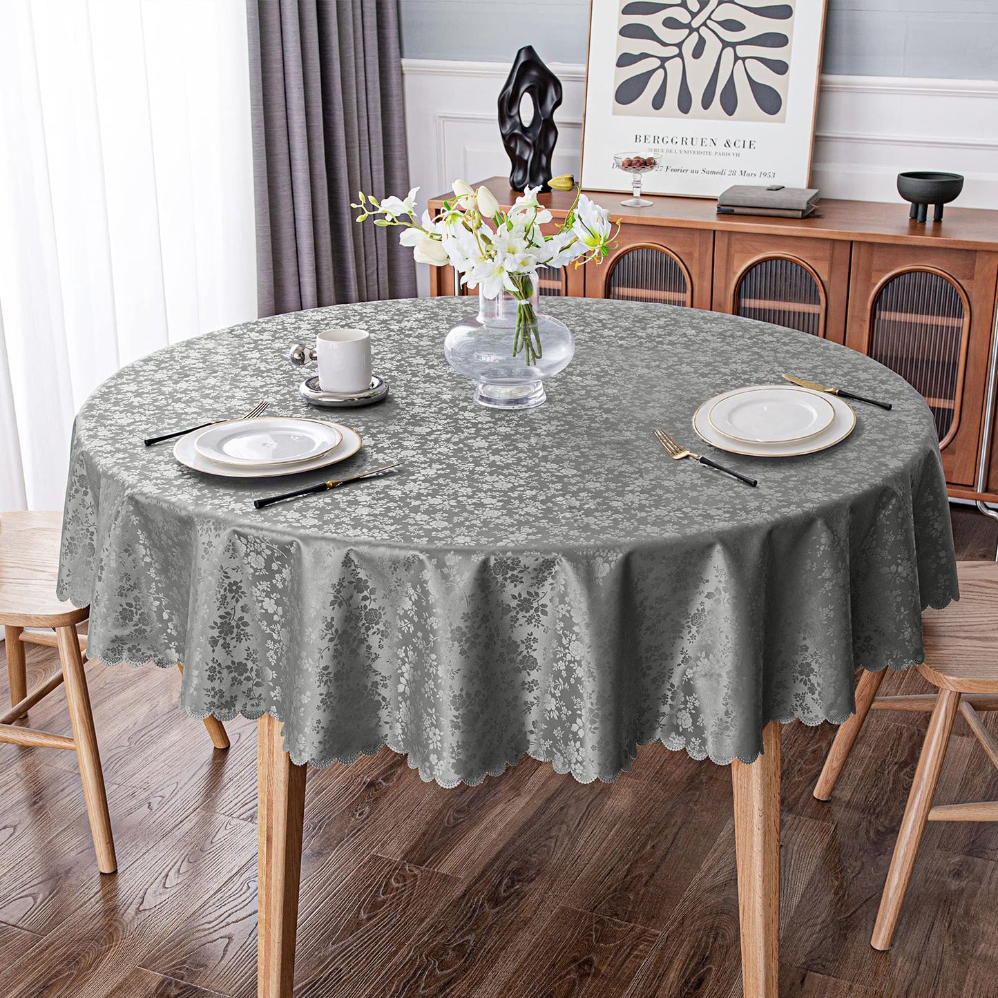 Smiry Round Table Cloth, Waterproof Heavy Duty Vinyl Tablecloths, Wipeable Washable Table Cover for Kitchen and Dining Room (Grey, 70" x 70")
