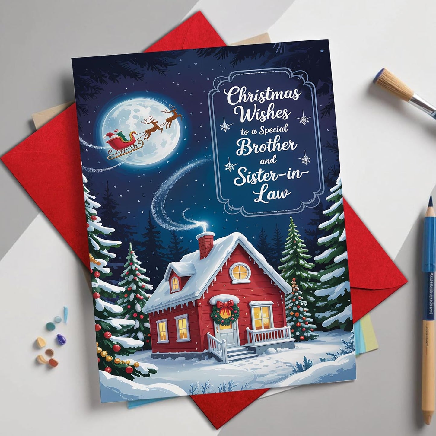 Regine Switzerland Christmas Card - Cozy Winter Cottage Design with Santa Sleigh | Festive Greeting for Brother & Sister-in-Law, 5.3''x8'' with Red Envelope