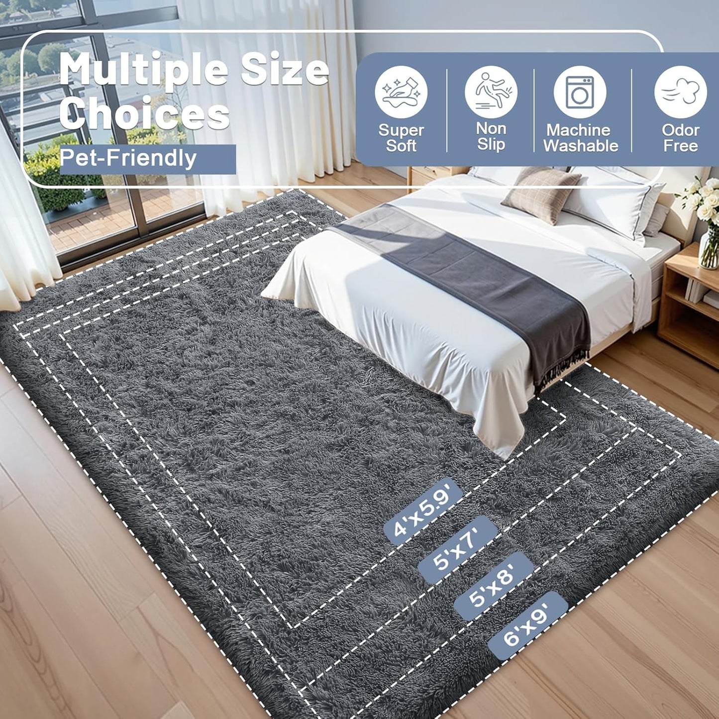 OLANLY Accent Rug - Soft Fluffy Shaggy Area Rug for Bedroom & Living Room | Machine Washable, Grey