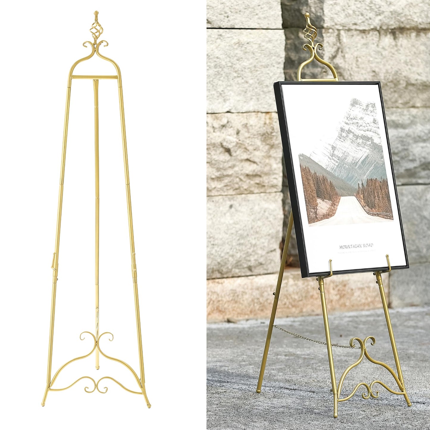 CaliDecor 58.5” H Gold Easel Stand for Sign, Large Adjustable Metal Display Standing for Displaying Pictures Wedding Poster Holder Showcasing with Chain Support