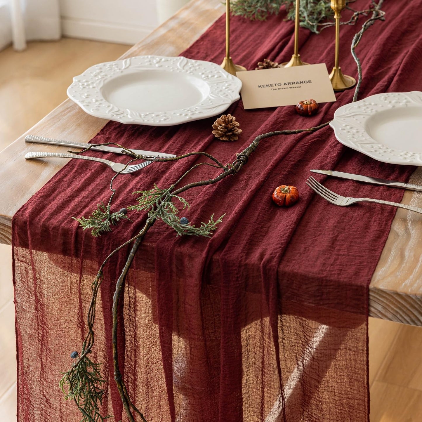 Keketoarrange 10pcs Burgundy Table Runner Valentines Decor Red Cheesecloth Gauze 120 Inch 10 FT Rustic Boho Cheese Cloth Runner for Wedding Baby Bridal Shower Party Long Sheer Spring Home Decorations