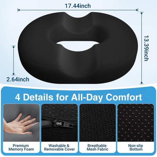 CushZone Donut Pillow Seat Cushion for Postpartum Pregnancy, Large Ergonomic Chair Seat Cushions, Office Chair Cushion, Breathable Hemorrhoid Pillow, Lifting Chair Pads for After Surgery(Black)