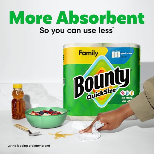 Bounty Quick Size Paper Towels - Ultra-Absorbent White Towels | 8 Family Rolls