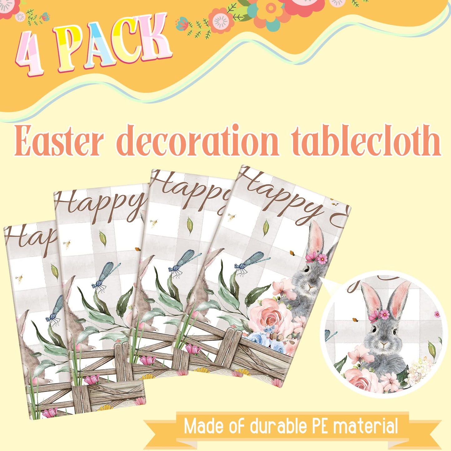 Patelai 4 Pcs 54 x 108 Inch Happy Easter Bunny Table Cloth Rectangle Plastic Easter Flowers Table Cover Spring Tablecloth Party Decorations for Home Picnic Dinner