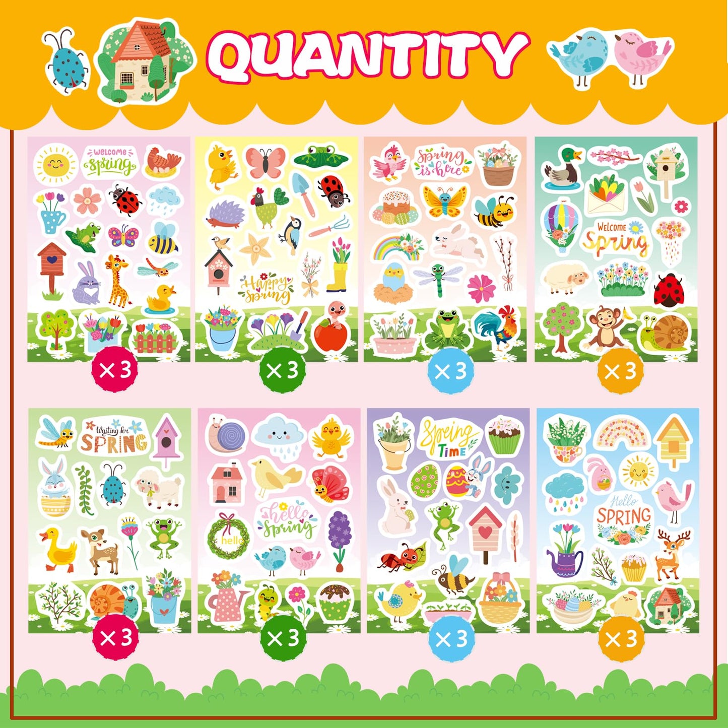 24 Sheets Spring Stickers for Kids, 366 PCS Spring Flowers Stickers for Cards Envelopes Butterfly Bug Animal Nature Sticker School Classroom Teachers Rewards Party Favors
