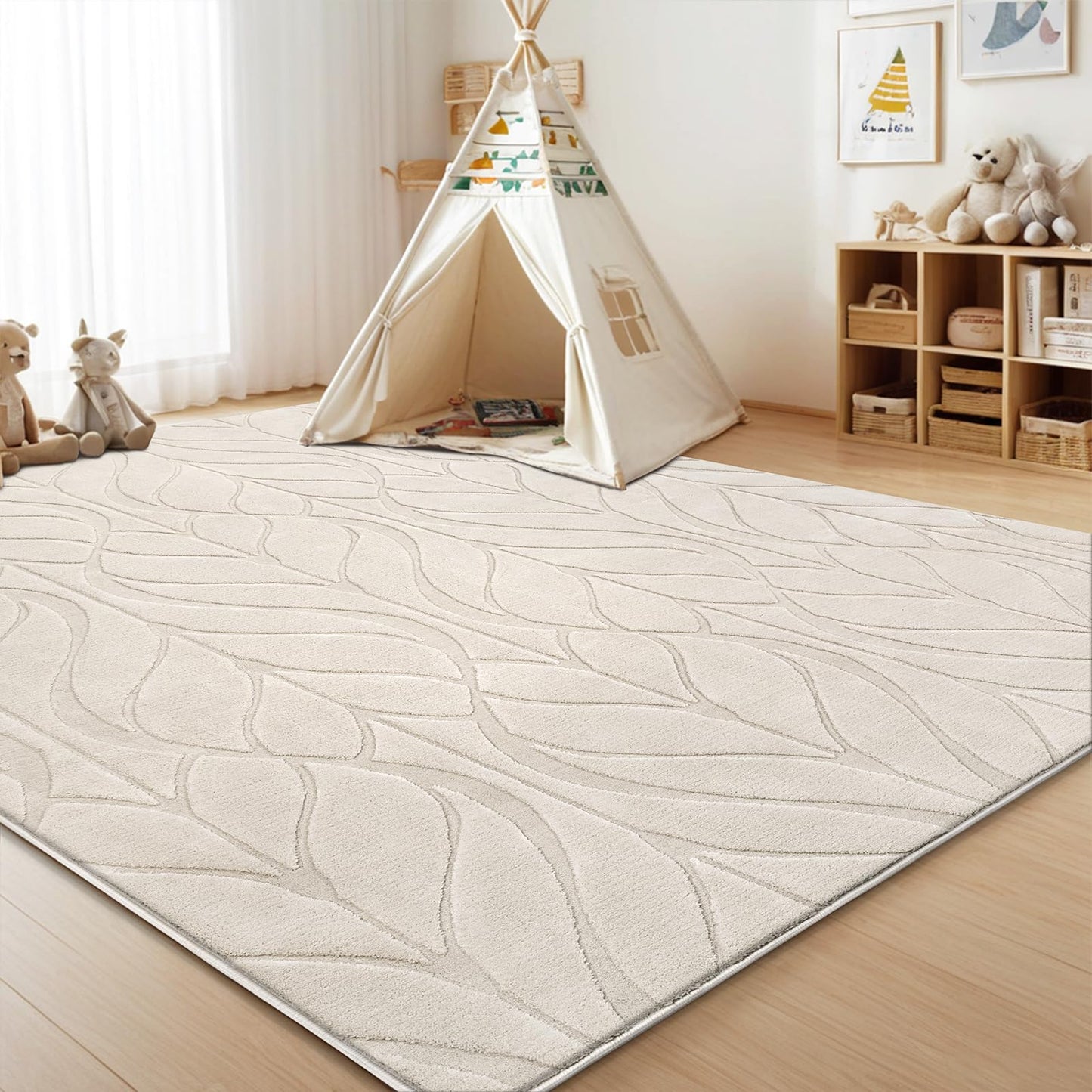 SHACOS Soft Area Rug for Living Room 6x9, Washable Non Slip Bedroom Rug Beige, Fluffy Large Rugs Carpet for Floor Living Room Kids Nursery Room, Home Decor Aesthetic - Leaf Pattern Design
