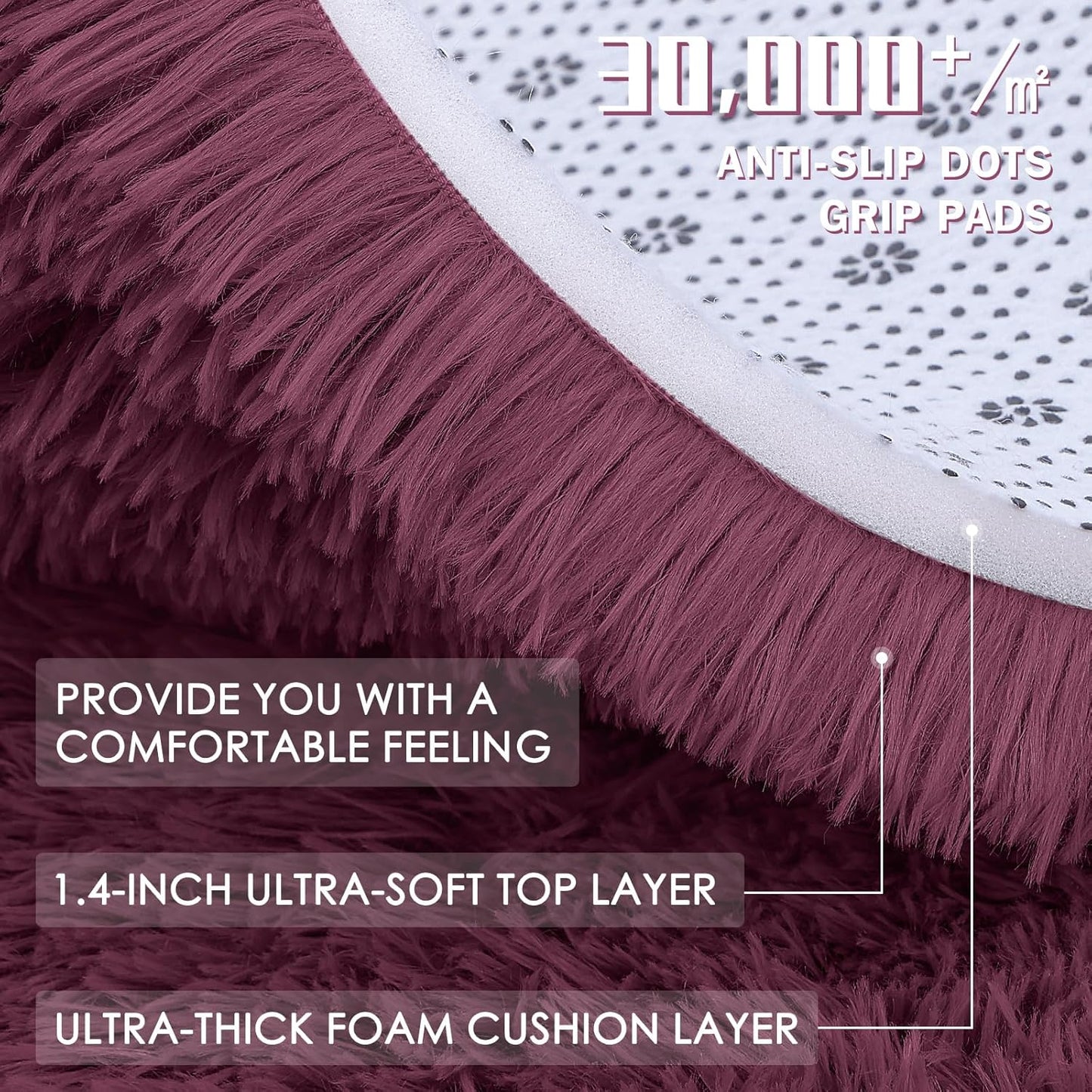 OLANLY Round Burgundy Area Rug - Soft, Fluffy, Machine Washable 5 ft Circle Carpet for Bedroom & Living Room