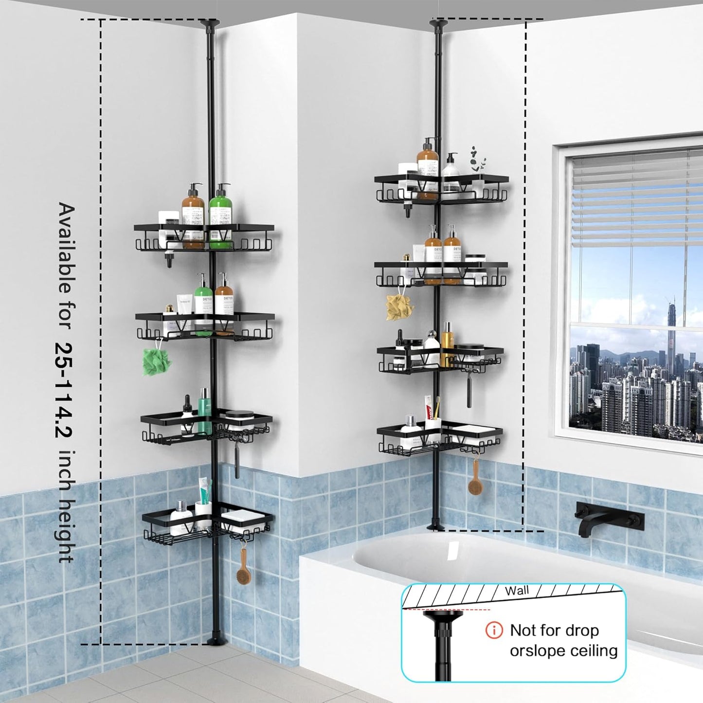KEGII Corner Shower Caddy Tension Pole - Waterproof Floor-to-Ceiling Organizer | 25-114.2 Inch, Black