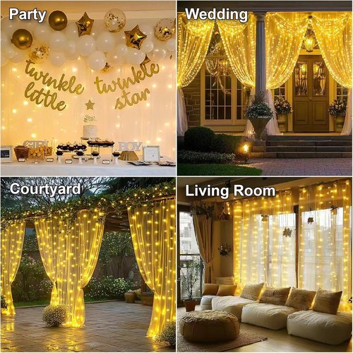 HXWEIYE 300LED Fairy Curtain Lights - 9.8x9.8Ft USB Plug-In with Remote | 8 Modes for Wedding & Bedroom Decor - Warm White, 2 Pack