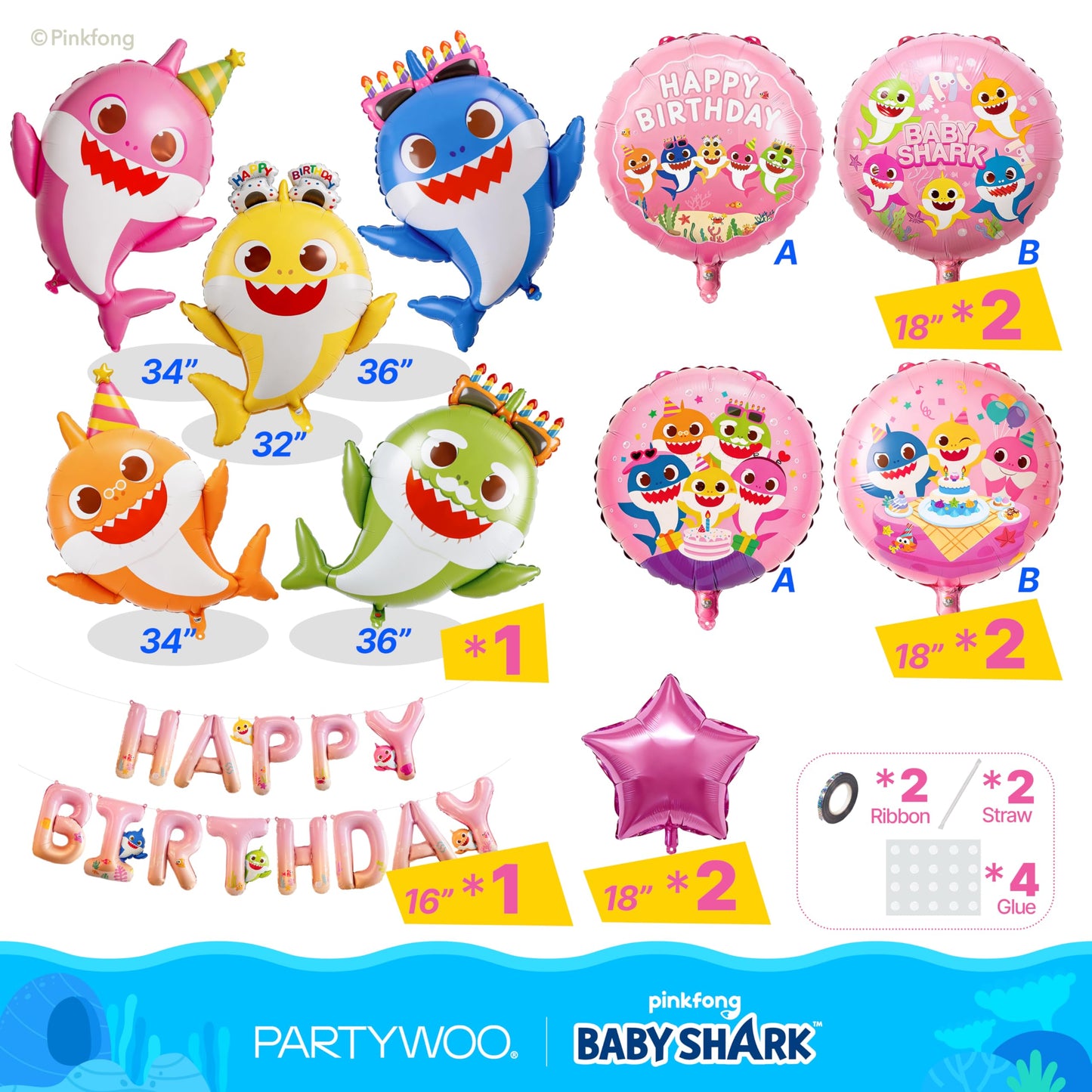 PartyWoo Baby Shark Family Foil Balloons 13pcs Baby Shark Family Pink Round Star Mylar Happy Birthday Banner Letter Balloons for Boys and Girls Under the Sea Kids Birthday Party Decorations