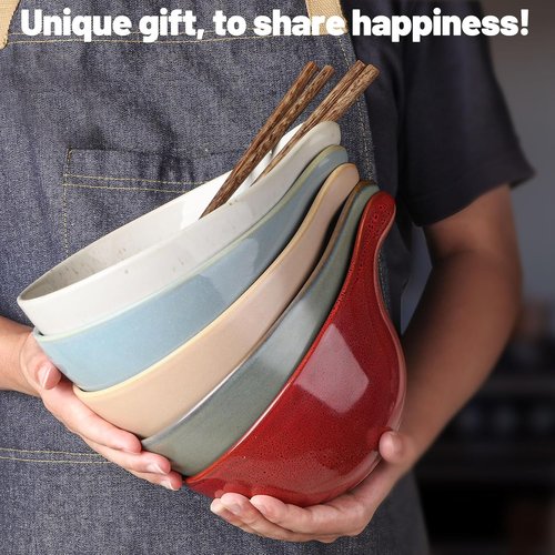 Artena Ramen Bowl Set - 42oz Ceramic Noodle Bowl with Chopsticks | Large White Soup & Pasta Bowl