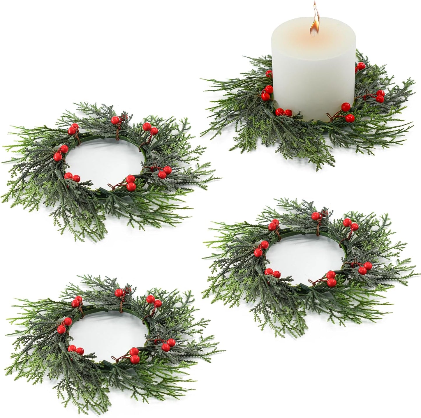 Skiennix Christmas Candle Rings - 4 PCS Artificial Berries & Pine Needles Wreaths for Home Decor