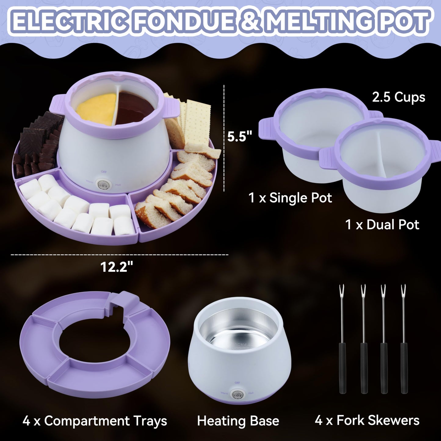 Party Desserts Electric Fondue Pot Set with 2 Pots, Candy & Chocolate Melting Pot, Melting Chocolate Warmer for Dipping, Fondue Pot Electric Set, Fondue Forks Included, 2.5 Cups, Lavender