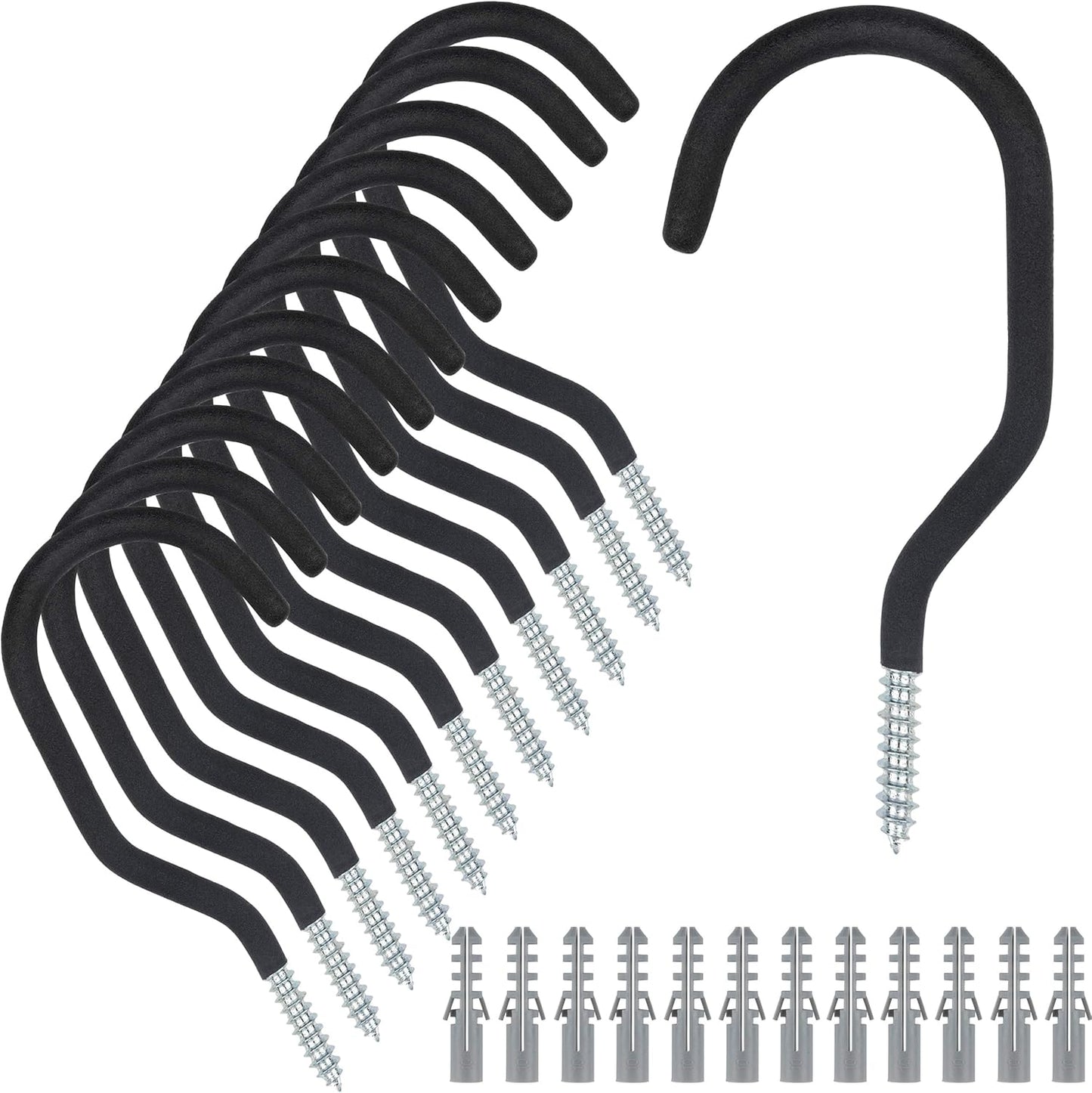 KURUI Heavy Duty Screw-In Hooks - 12 Pack Bicycle Storage Hooks for Garage & Ceiling | Large Black Plant Hooks