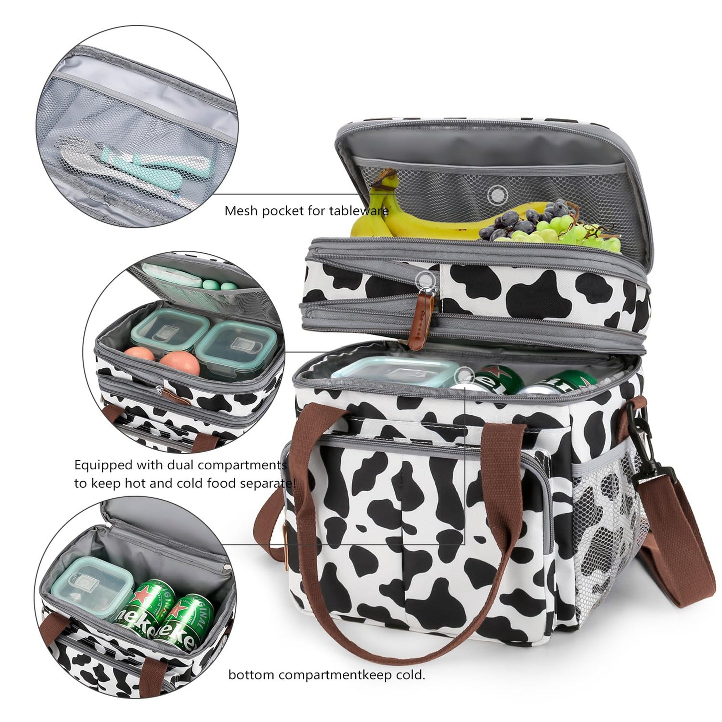 MEYTEILAY Lunch Bag for Women Men Expandable Double Deck Lunch Box Large Lunch Bags Leakproof Insulated Reusable Lunch Cooler Bag（Cow Print）