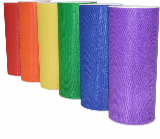 Rainbow Tulle Ribbon 6" x 150 YD - 6-Pack Nylon for Tutu Skirts & Pride Decor