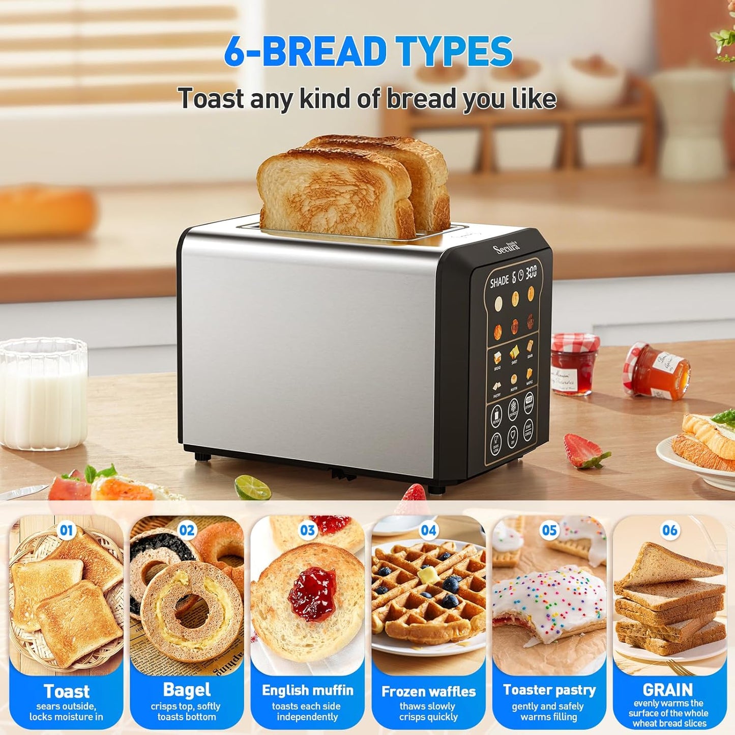Secura Brands 2-Slice Smart Toaster - Touch Screen Control, Digital Timer & Custom Memory Settings