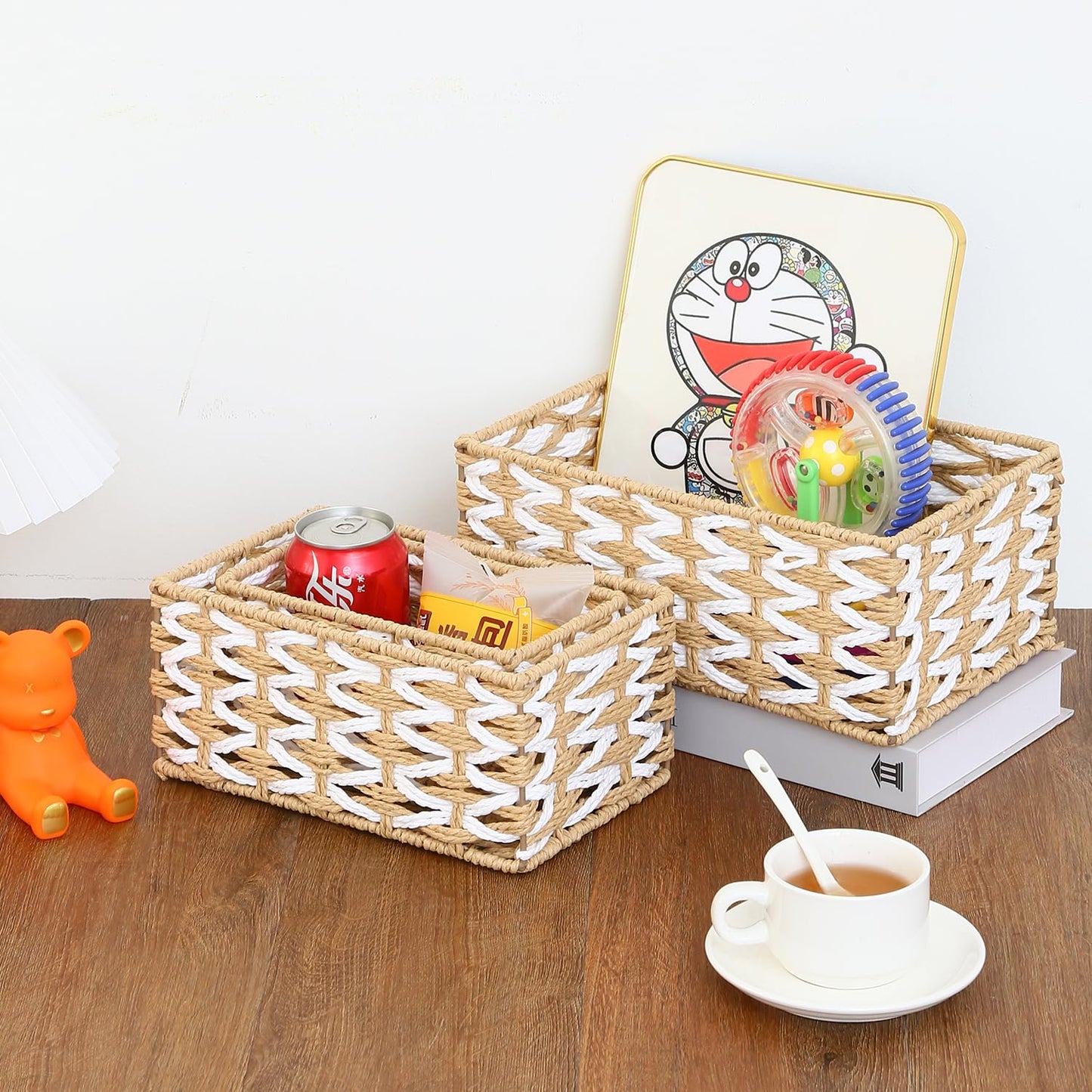 HANMYSTYLE Storage basket Flower weaving storage basket hand-woven organizing Kids room storage snacks sundries toiletries toys set of 3(rectangle)