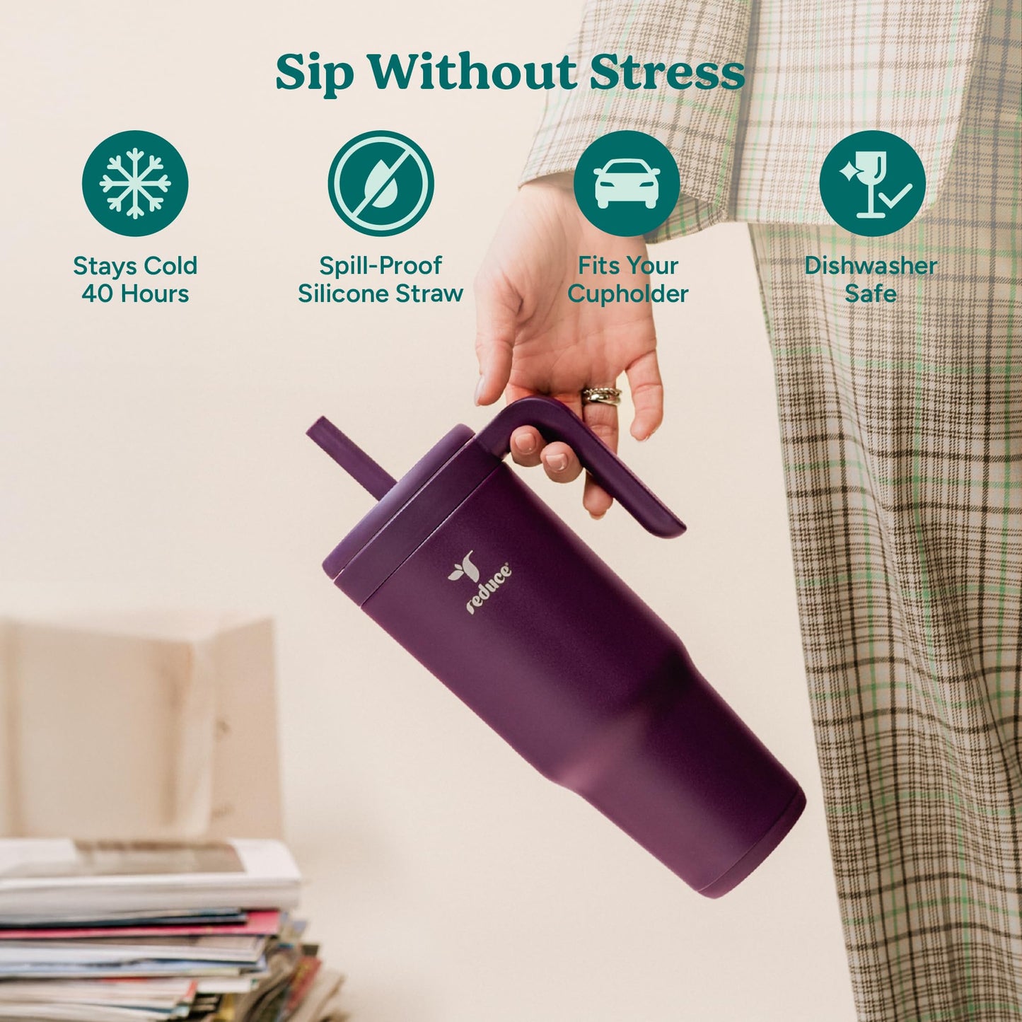 REDUCE Chiller Vacuum Insulated 40 oz Tumbler with Spill-Proof Silicone Straw - Sustainable Tritan Lid with Water Intake Markers - Soft Sit Base Travel Mug - Dishwasher Safe - Phantom