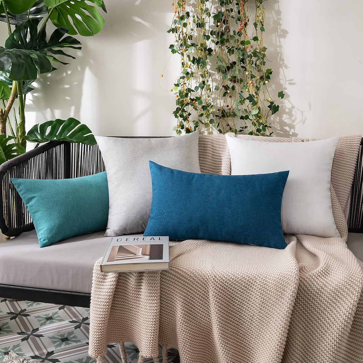 MIULEE Decorative Outdoor Throw Pillow Covers - Waterproof Faux Linen Cushion Cases | 26x26 Inch White, Set of 2