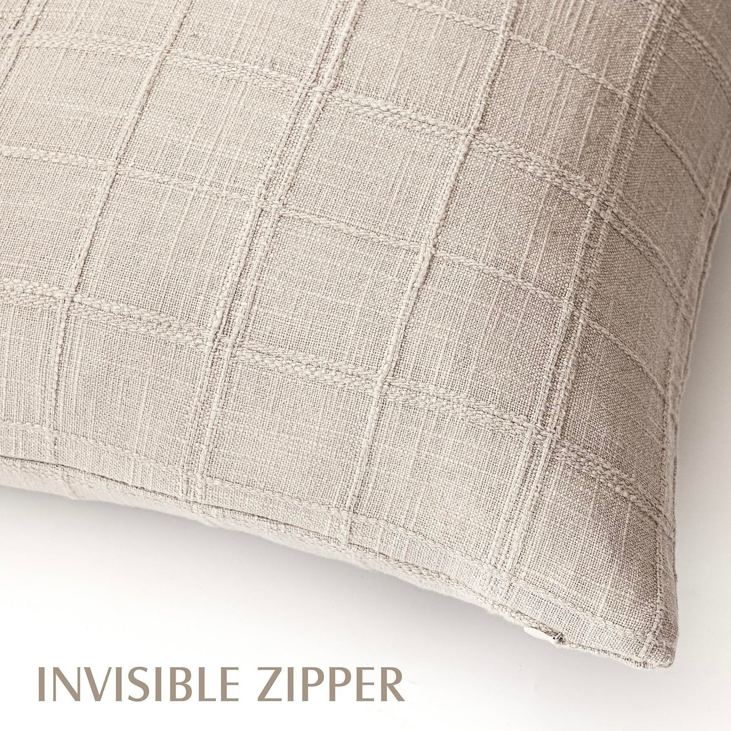 Foindtower Set of 2 Decorative Linen Check Throw Pillow Covers Neutral Farmhouse Lumbar Cushion Covers Modern Boho Home Decor for Sofa Chair Couch Bedroom Living Room,12×20 Inch,Natural Linen