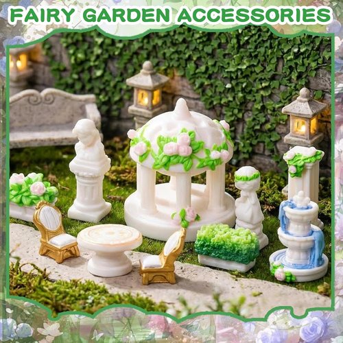 Exasinine Mini Garden Furniture Ornaments Set - 15 Pcs Micro Resin Patio Decor with Table, Chair, Bench, and Fountain Statues