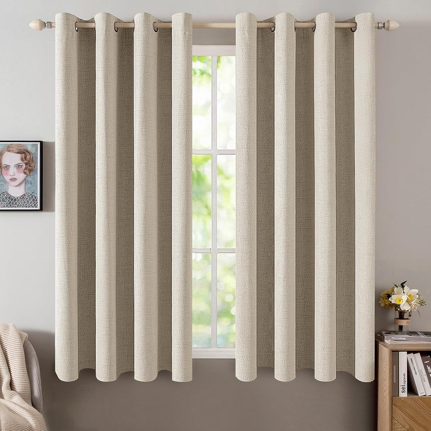 MIULEE Linen Curtains - 100% Blackout Thermal Insulated Drapes for Bedroom & Living Room | 52 x 63 Inch (2 Panels)
