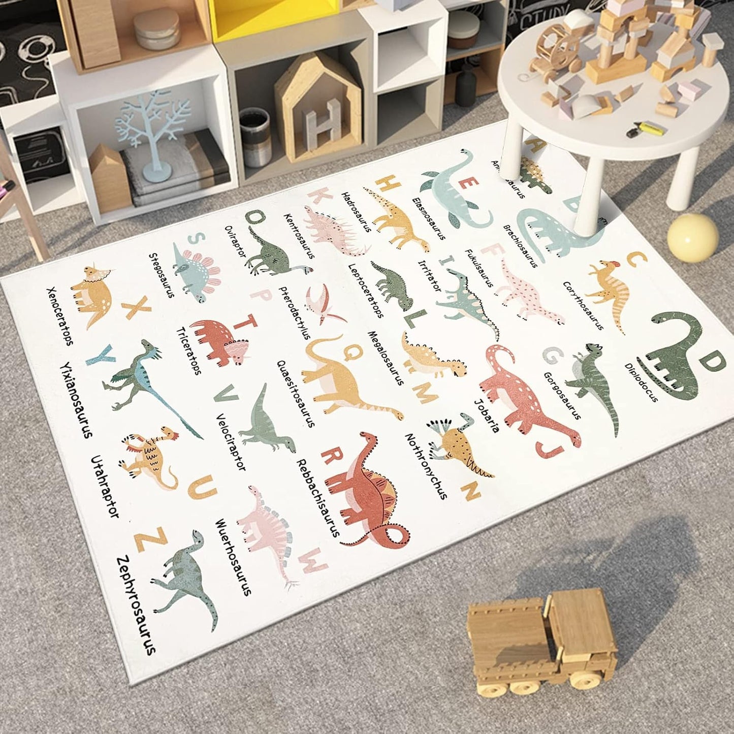 Abeigoi 39.4"x59" Modern Dinosaur ABC Alphabet Kids Play Area Rug, White