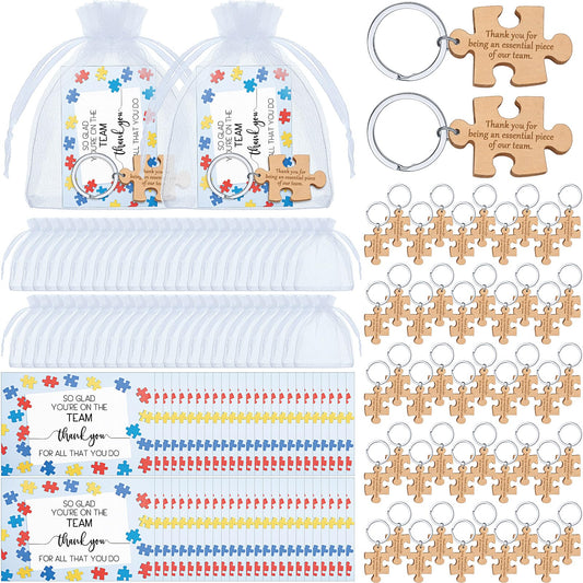 Resurhang Employee Appreciation Gifts Wooden Puzzle Keychain Staff Greeting Cards Thank You Team Building Gifts for Coworkers(50 Set)