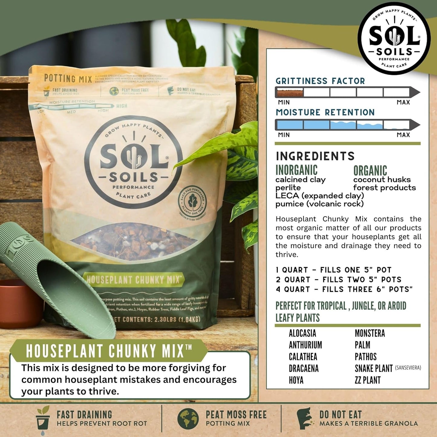 Sol Soils Chunky Houseplant Mix - Fast Draining Indoor Plant Soil with Coco Coir, Perlite & Pumice | 2 Quart
