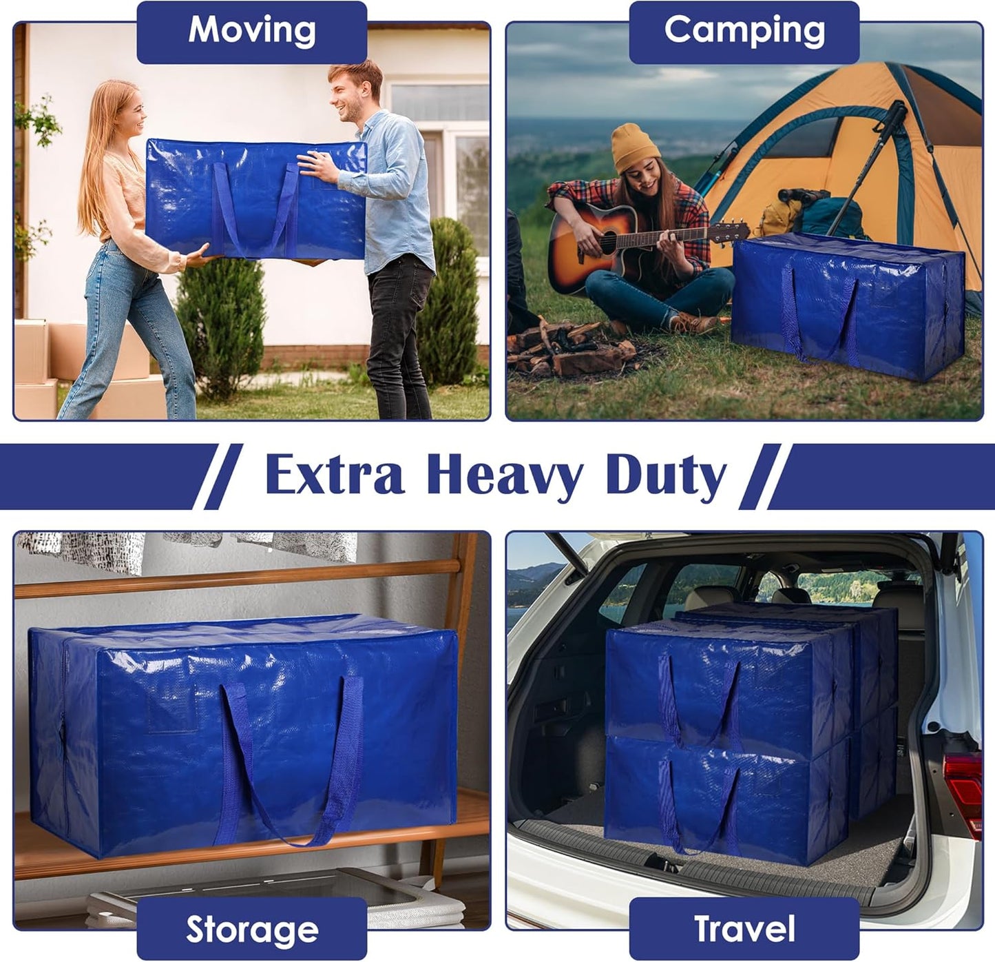 Skiennix Extra Large Moving Bags - 93L Heavy Duty Waterproof Storage Totes | 6 Pack for Home Organization & College Dorms - Blue