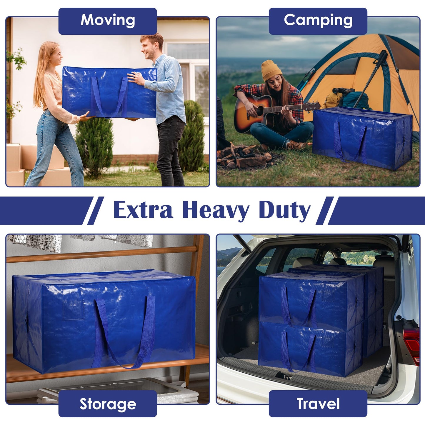 RMOHRO 12 Pack Moving Bags with Full-Open Side Zipper, Extra Large 93L Heavy Duty Waterproof Foldable Storage Totes for College Dorm, Moving & Home Organization Blue