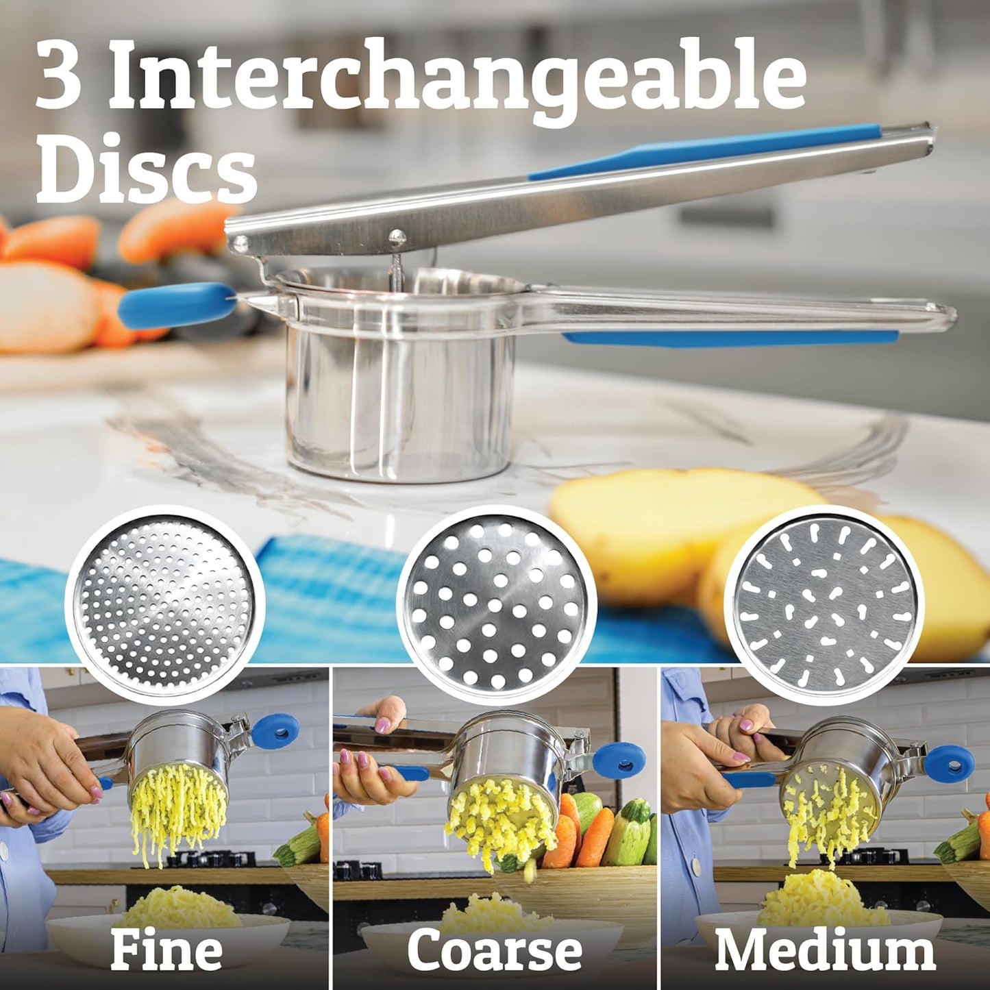 PriorityChef 15oz Potato Ricer - Heavy Duty Stainless Steel Masher With 3 Discs | Blue Kitchen Tool