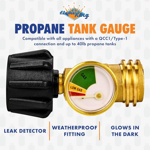 Flame King Propane Tank Gauge - Color-Coded Gas Pressure Meter | Glows in The Dark, Solid Brass (2-Pack)