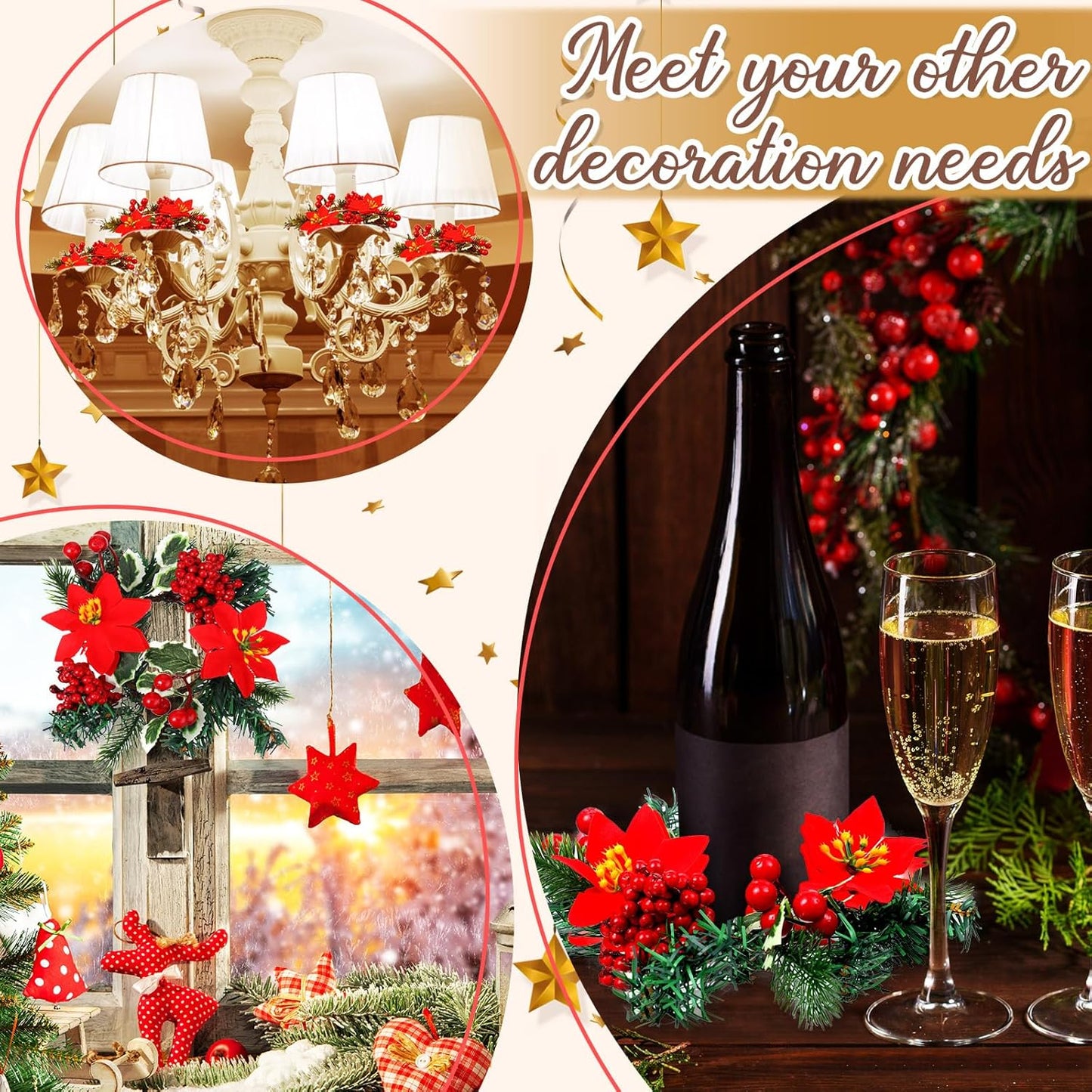 Yilloog Mini Christmas Candle Rings - 8 Sets of Berry & Pinecone Wreaths for Festive Table Decor