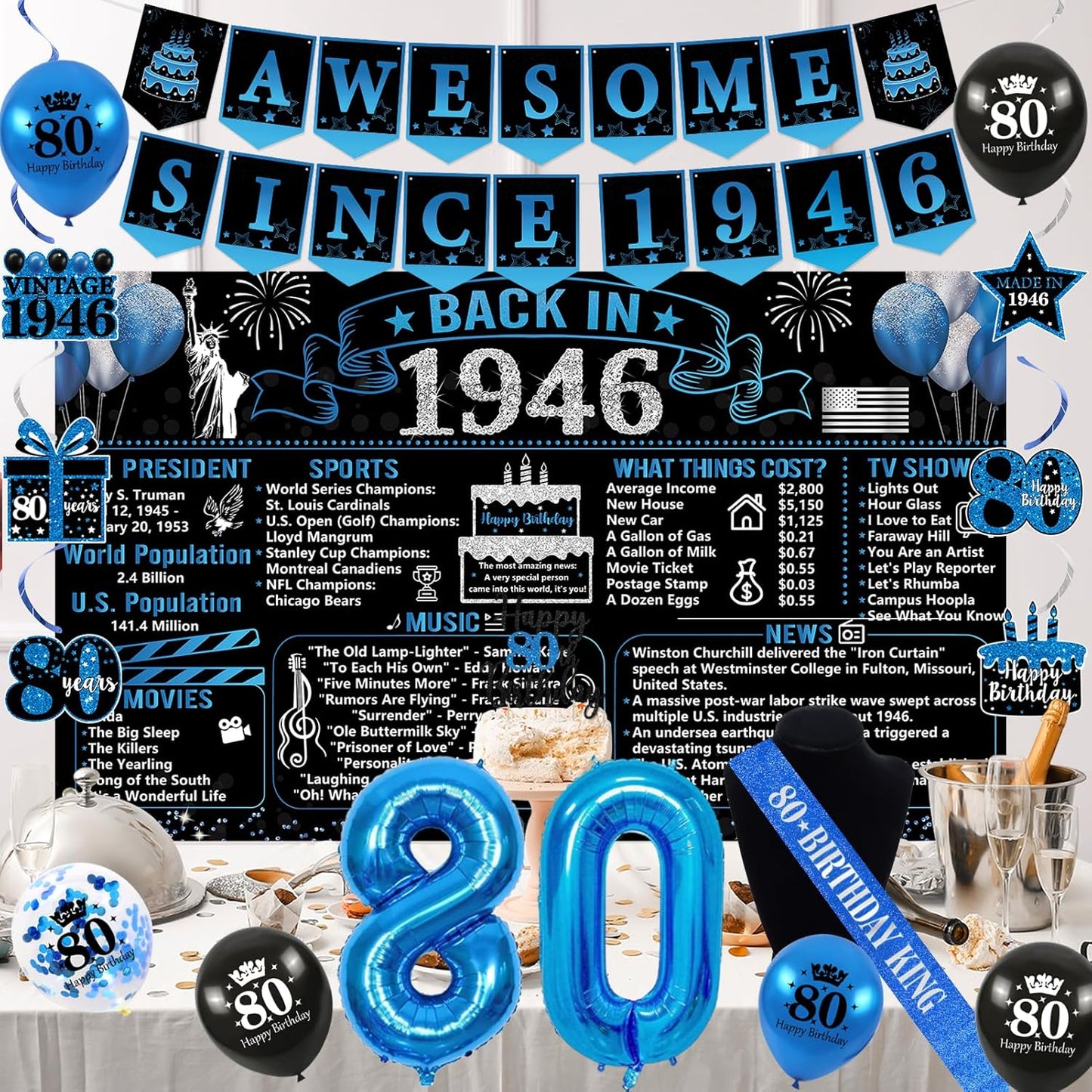 Trgowaul 80th Birthday Decorations - 20PCS Black and Blue Party Supplies Set with Banner, Sash, Cake Topper & Balloons